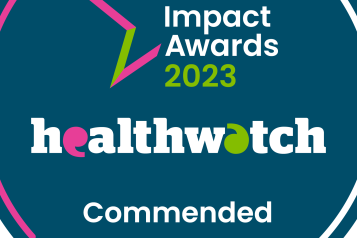 Circular badge with Healthwatch Impact Awards 2023 Commended written on it and a star logo