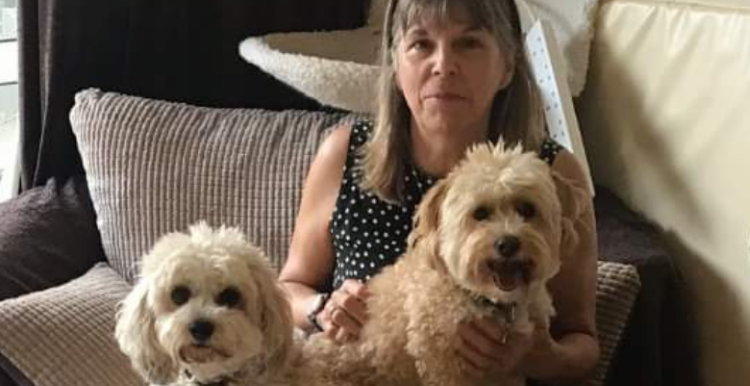 woman with two dogs on her lap